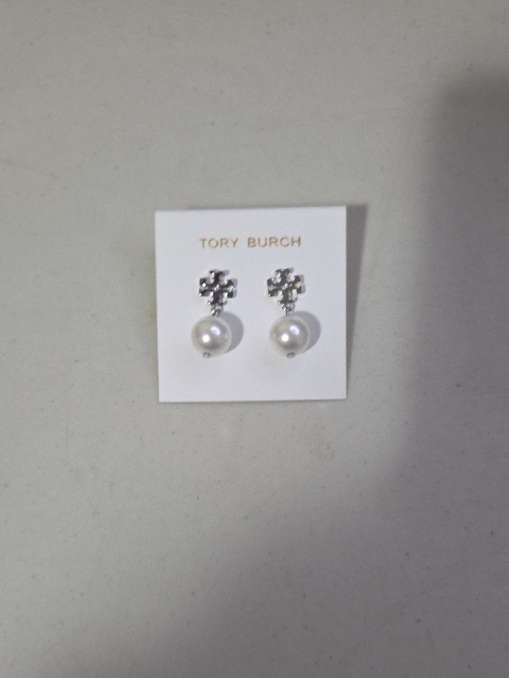 Tory Burch Silver Logo Earrings with White Pearl Drops